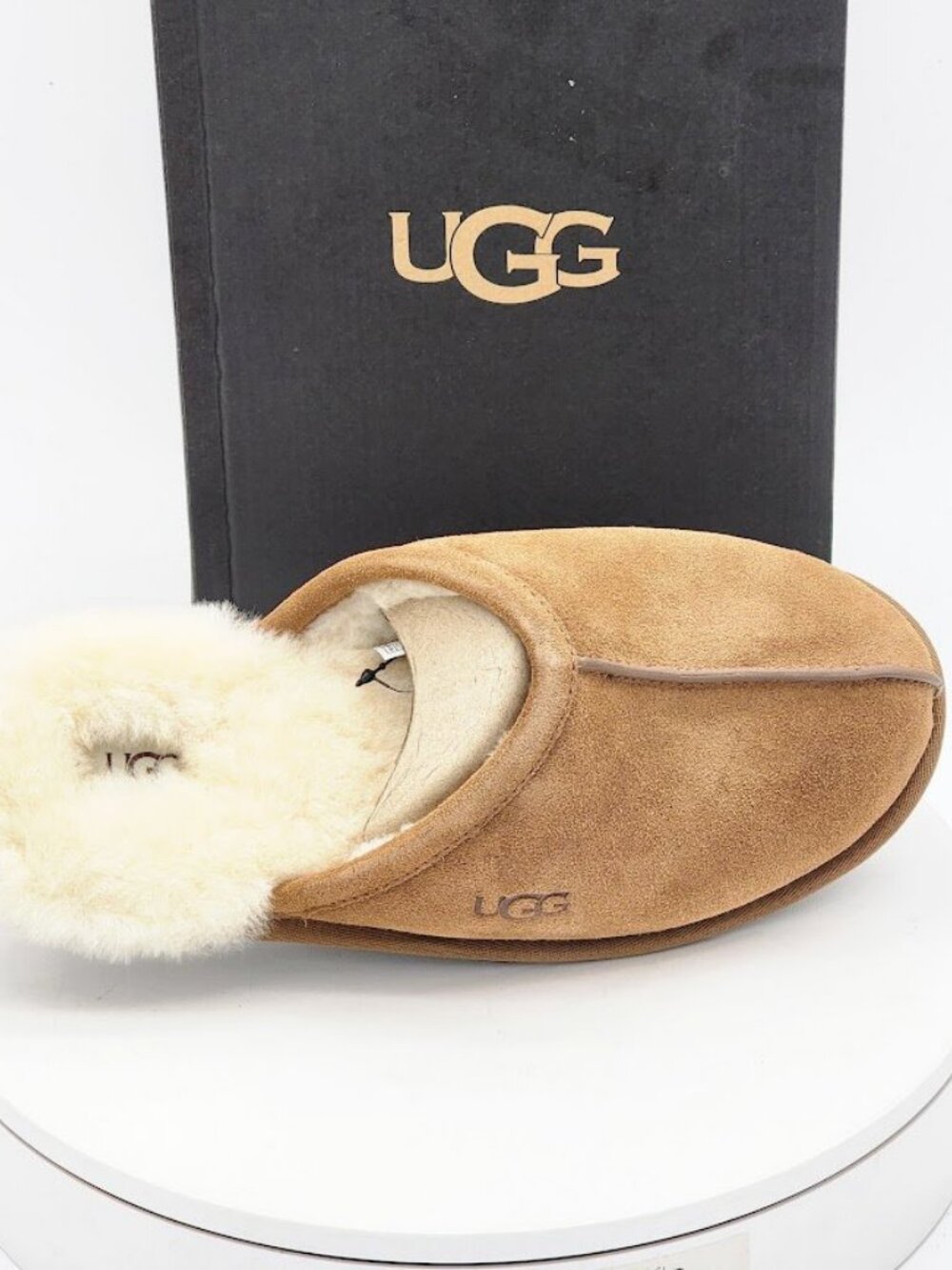 UGG Scuff Slippers Men’s Size 10 Chestnut Suede Shearling Lined - Picture 9 of 11
